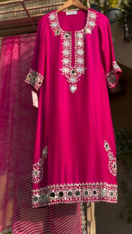 Desirable Cherry Pink Fancy Georgette Embroidered With Original Mirror Work Top And Pant With Dupatta