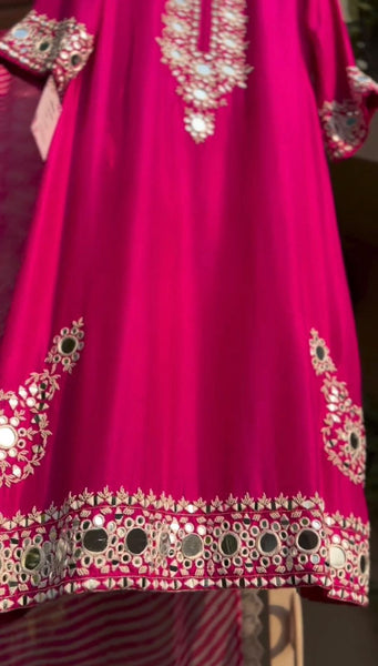 Desirable Cherry Pink Fancy Georgette Embroidered With Original Mirror Work Top And Pant With Dupatta