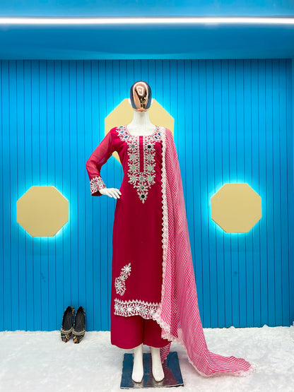 Desirable Cherry Pink Fancy Georgette Embroidered With Original Mirror Work Top And Pant With Dupatta