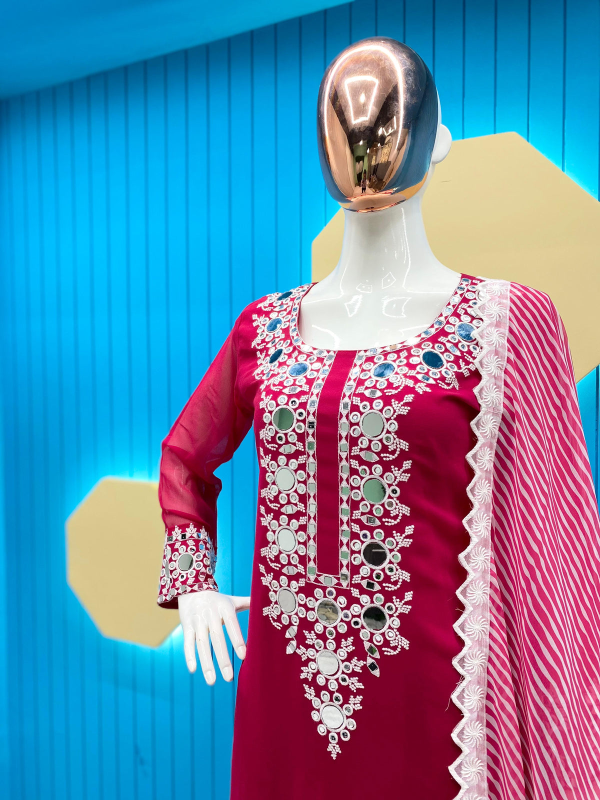 Desirable Cherry Pink Fancy Georgette Embroidered With Original Mirror Work Top And Pant With Dupatta