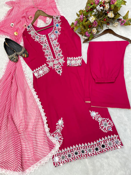 Desirable Cherry Pink Fancy Georgette Embroidered With Original Mirror Work Top And Pant With Dupatta