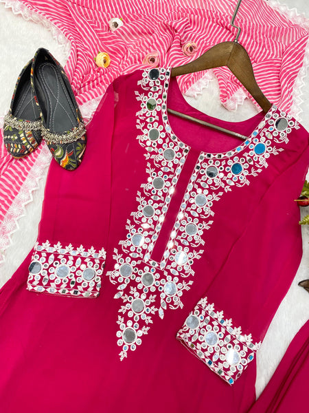 Desirable Cherry Pink Fancy Georgette Embroidered With Original Mirror Work Top And Pant With Dupatta