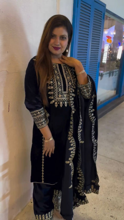 Function Wear A Velvet Sequence Embroidery Work Top With Pant And Dupatta