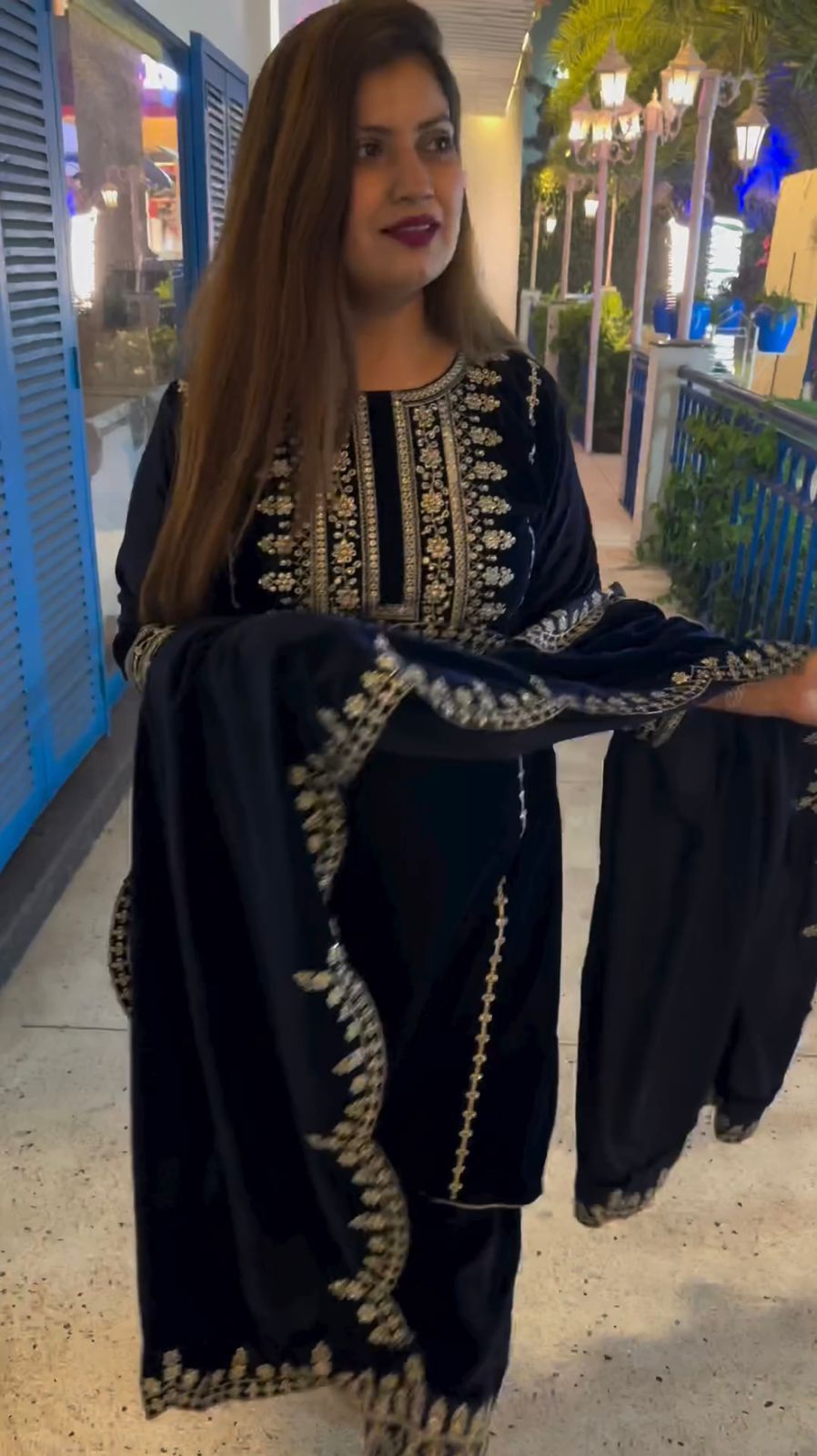 Function Wear A Velvet Sequence Embroidery Work Top With Pant And Dupatta