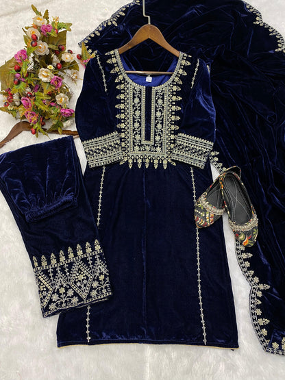 Function Wear A Velvet Sequence Embroidery Work Top With Pant And Dupatta