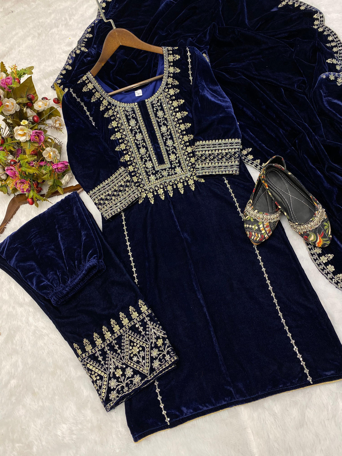 Function Wear A Velvet Sequence Embroidery Work Top With Pant And Dupatta