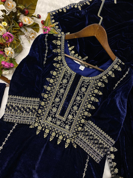 Function Wear A Velvet Sequence Embroidery Work Top With Pant And Dupatta