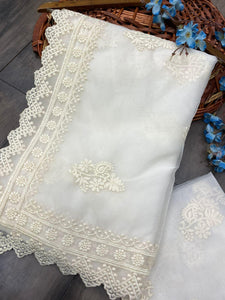 White Organza Cotton Thread Embroidery Work Saree With Blouse