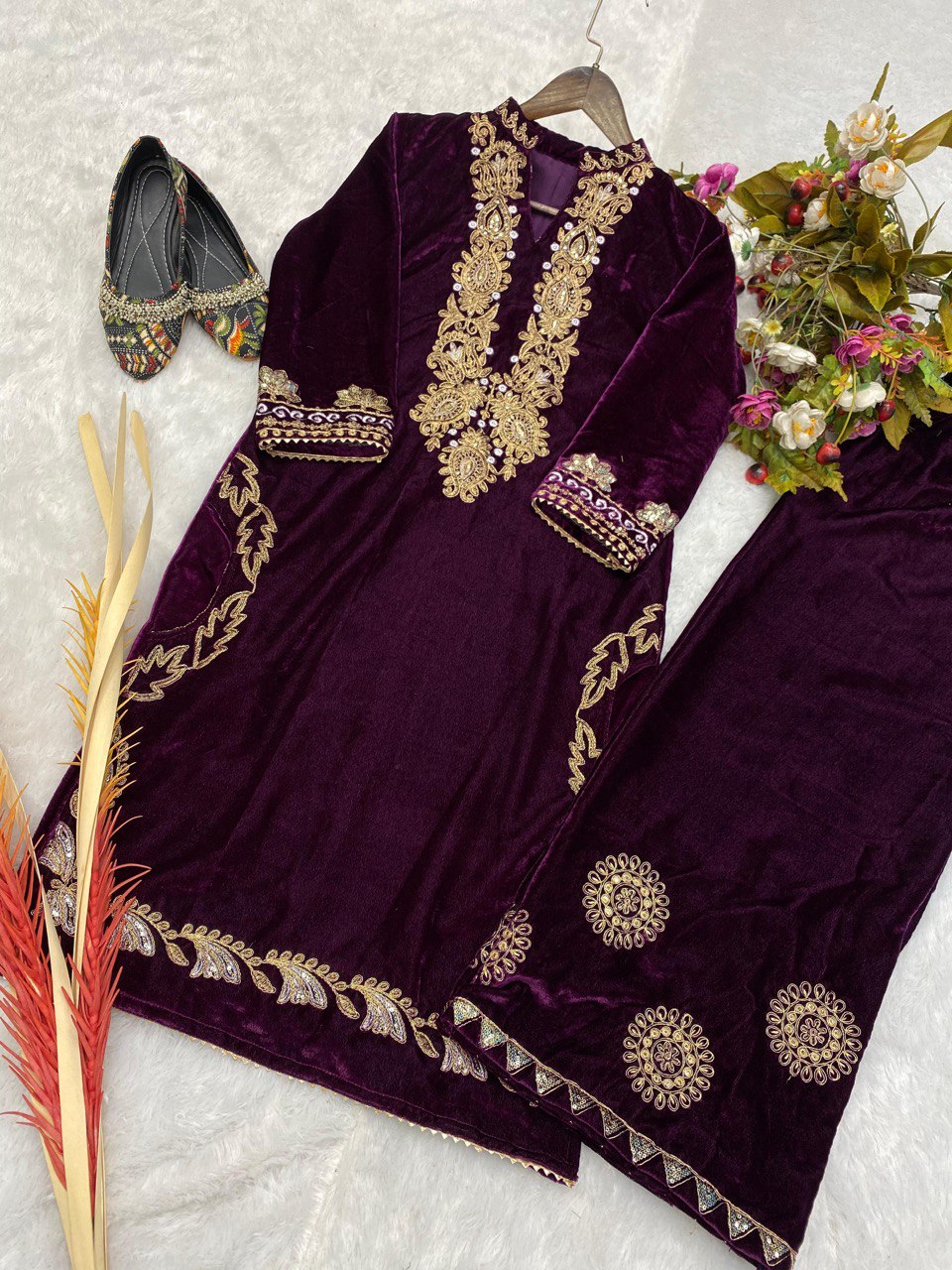 Wine Beautiful Velvet Plazo Suit For Women
