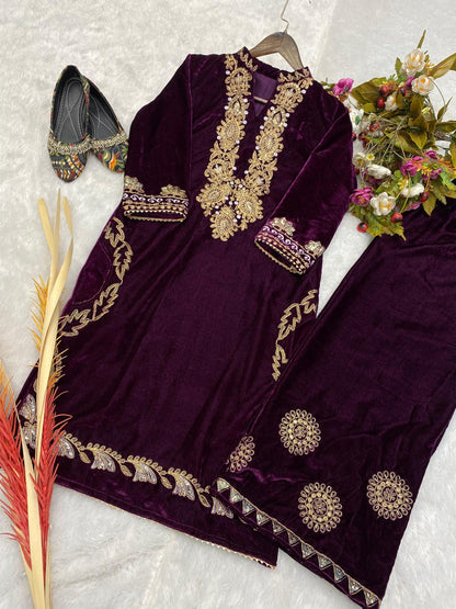 Wine Beautiful Velvet Plazo Suit For Women