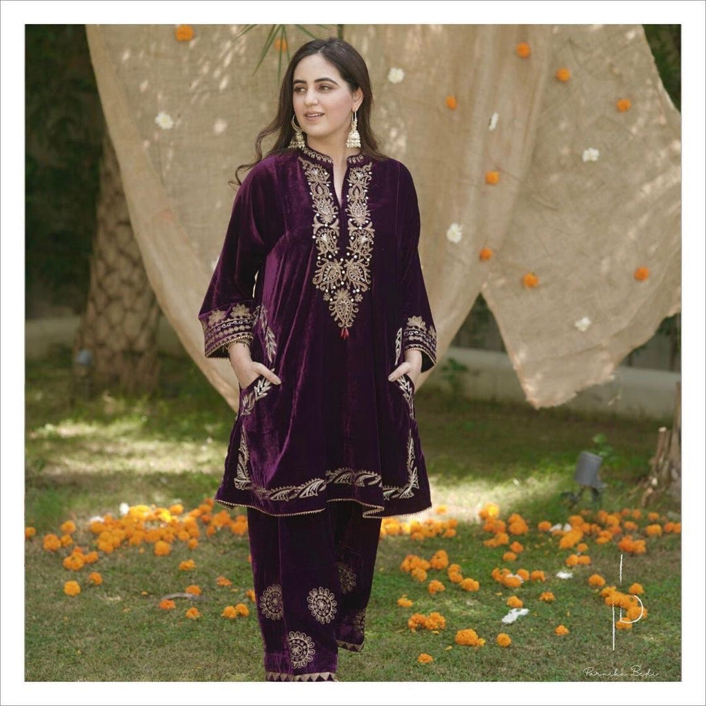 Wine Beautiful Velvet Plazo Suit For Women Ville Fashions