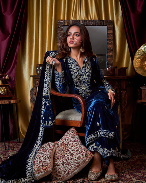 Blue Color Velvet Stitched Top Salwar Dupatta Plazo Suit Set