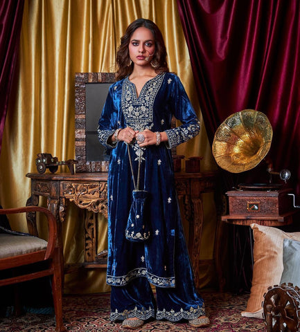 Blue Velvet Stitched Top Salwar Dupatta Plazo Suit Set