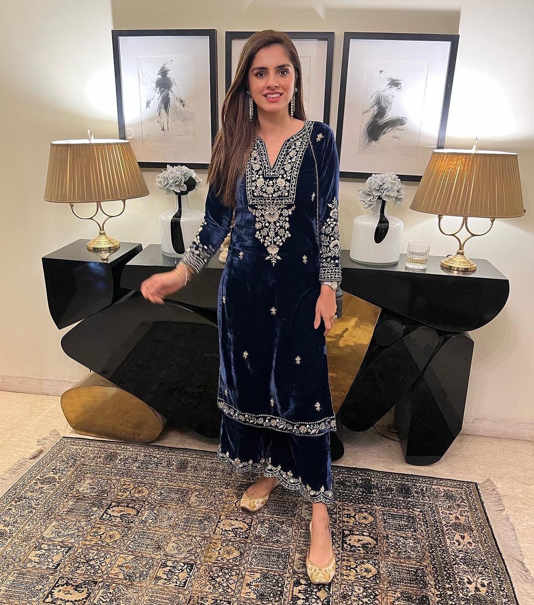Blue Color Velvet Stitched Top Salwar Dupatta Plazo Suit Set