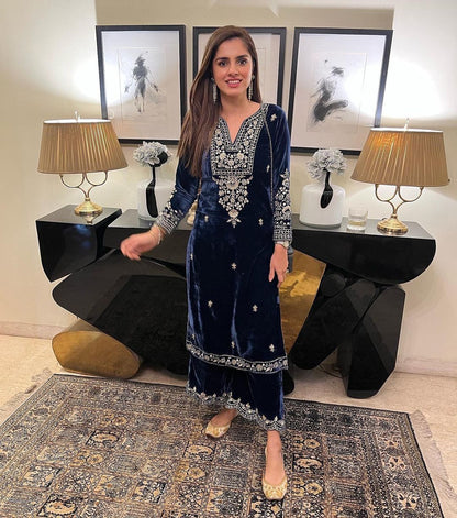 Blue Color Velvet Stitched Top Salwar Dupatta Plazo Suit Set