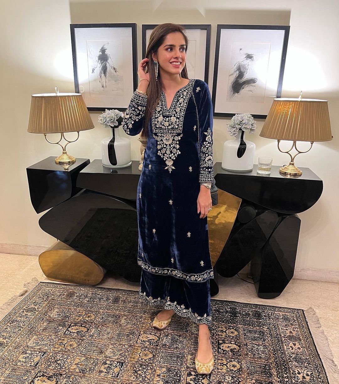Blue Color Velvet Stitched Top Salwar Dupatta Plazo Suit Set