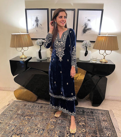 Blue Color Velvet Stitched Top Salwar Dupatta Plazo Suit Set