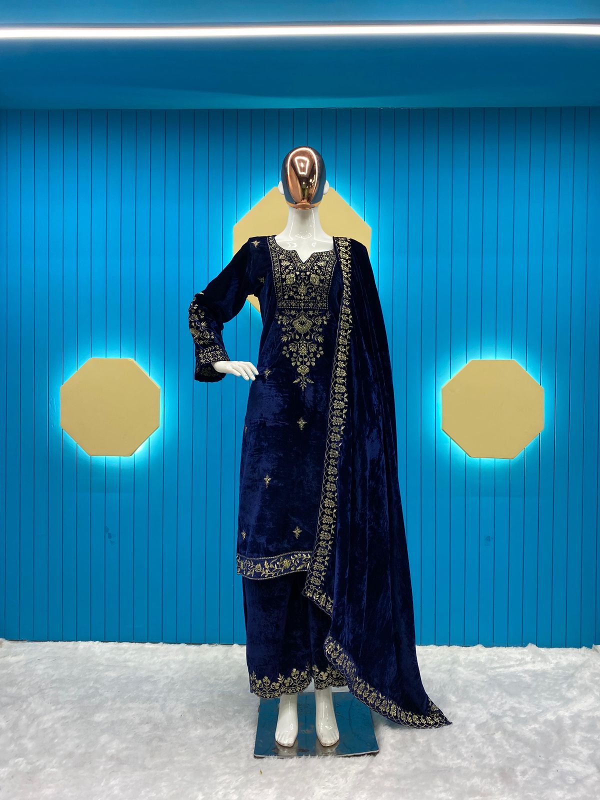 Blue Color Velvet Stitched Top Salwar Dupatta Plazo Suit Set
