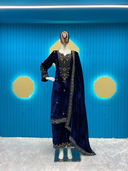 Blue Color Velvet Stitched Top Salwar Dupatta Plazo Suit Set