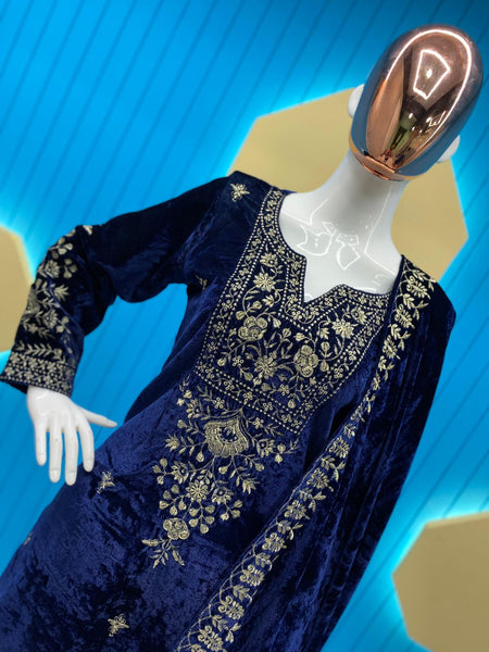 Blue Color Velvet Stitched Top Salwar Dupatta Plazo Suit Set