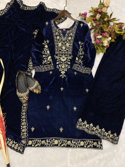 Blue Color Velvet Stitched Top Salwar Dupatta Plazo Suit Set