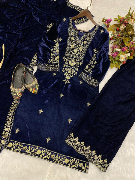 Blue Velvet Stitched Top Salwar Dupatta Plazo Suit Set
