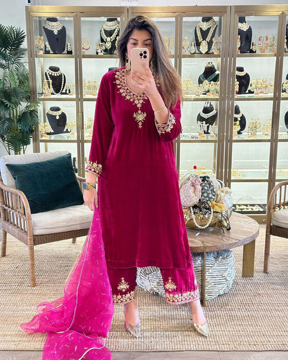 Rani Color Velvet Salwar Suit Set For Women