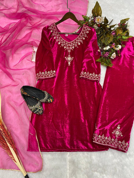 Rani Color Velvet Salwar Suit Set For Women