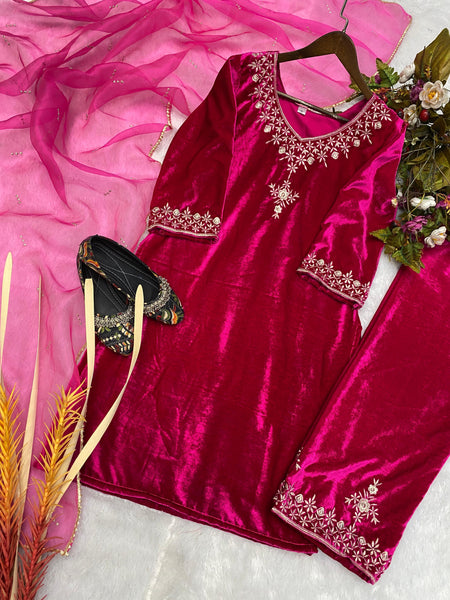 Rani Color Velvet Salwar Suit Set For Women