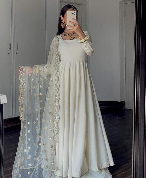 Indian Ethnic Long Flared Kurta Designer Dupatta Wedding White Anarkali Gown  Top | eBay
