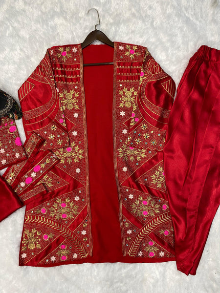 Red Punjabi Patiyala Suit with Koti For Women