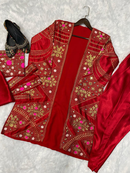 Red Punjabi Patiyala Suit with Koti For Women