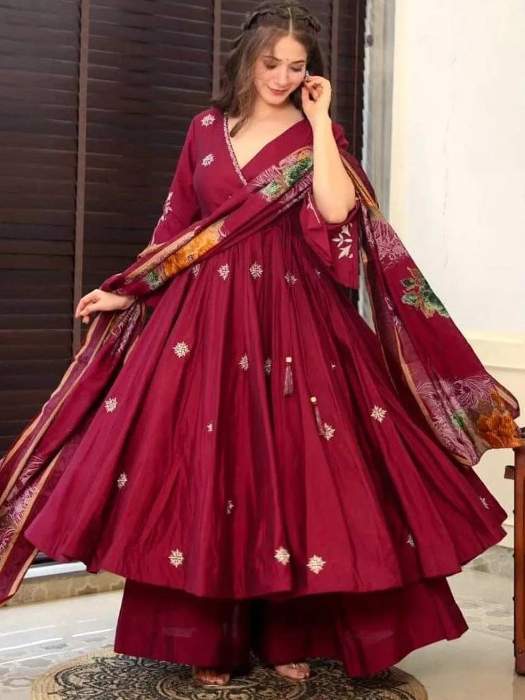 Chinnon Silk Red Color Embroidery Work Anarkali Gown