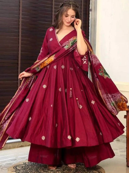 Chinnon Silk Red Color Embroidery Work Anarkali Gown