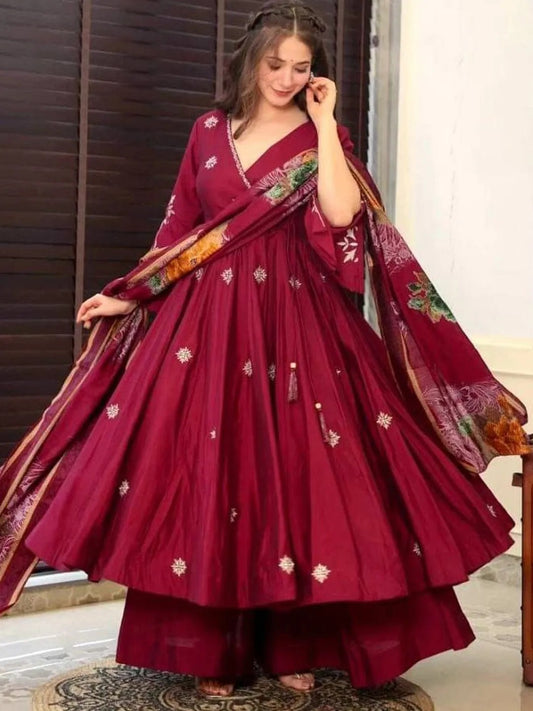 Chinnon Silk Red Color Embroidery Work Anarkali Gown