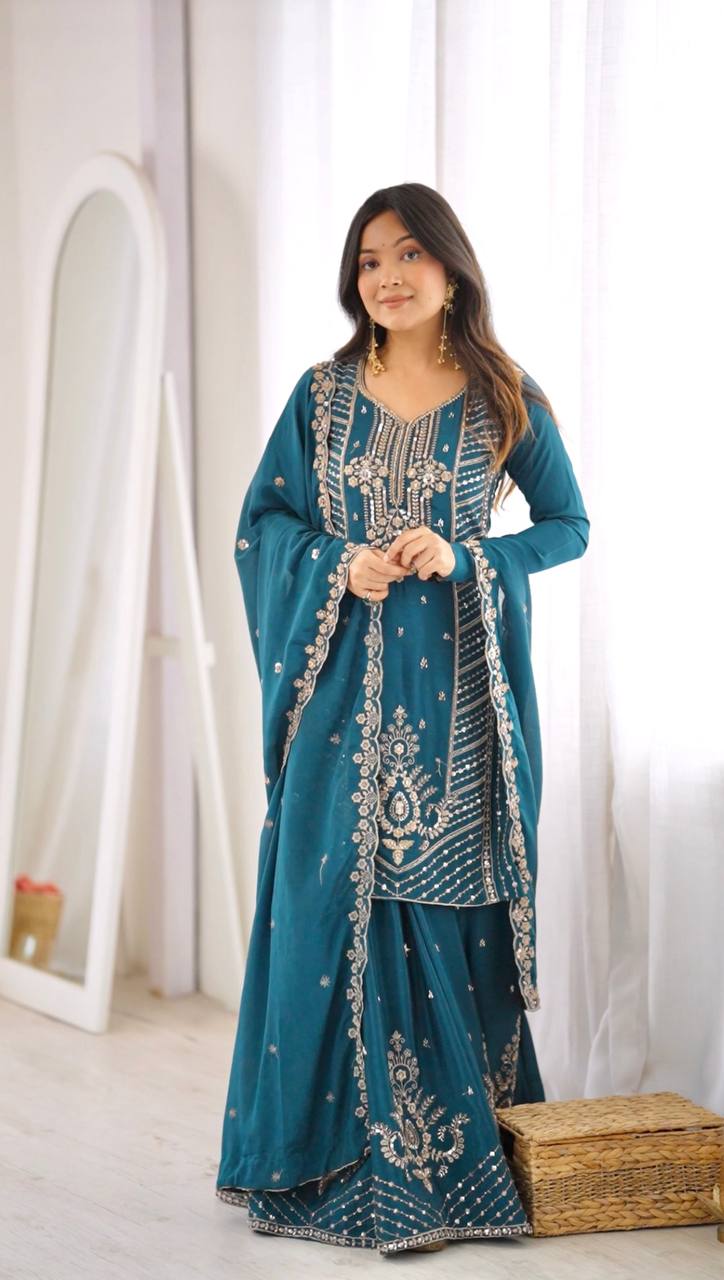 SP-107 teal Chinon silk suit front model view
