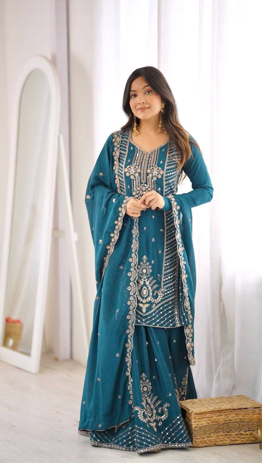 SP-107 teal Chinon silk suit front model view