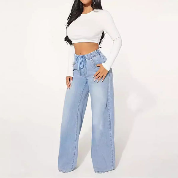 High Waist Drawstring Loose Wide Leg Light Blue Jeans