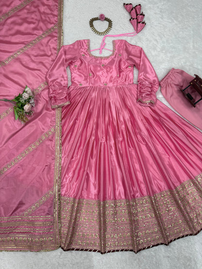 Elegant Chinon Silk Ethnic Set with Thread Sequence Embroidery
