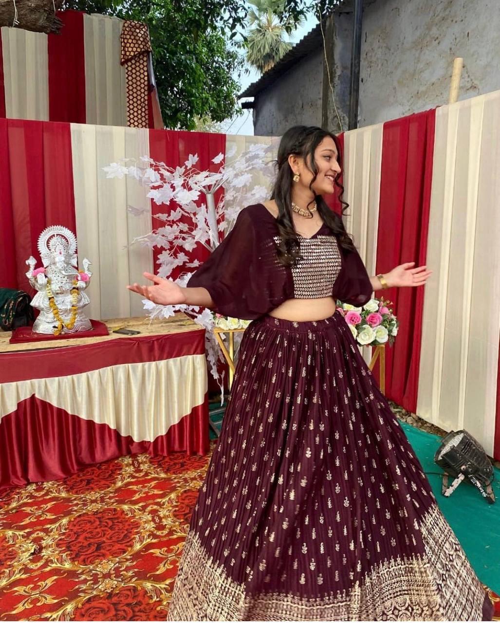Maroon Crop Top Embroidery crush work lehenga
