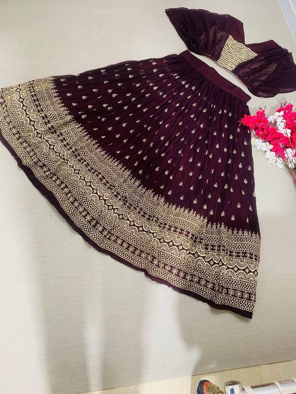 Maroon Crop Top Embroidery crush work lehenga