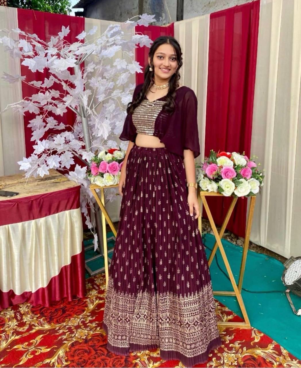 Maroon Crop Top Embroidery crush work lehenga