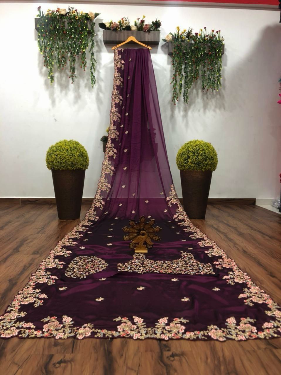 Wine Organza Saree with Embroidery codding work