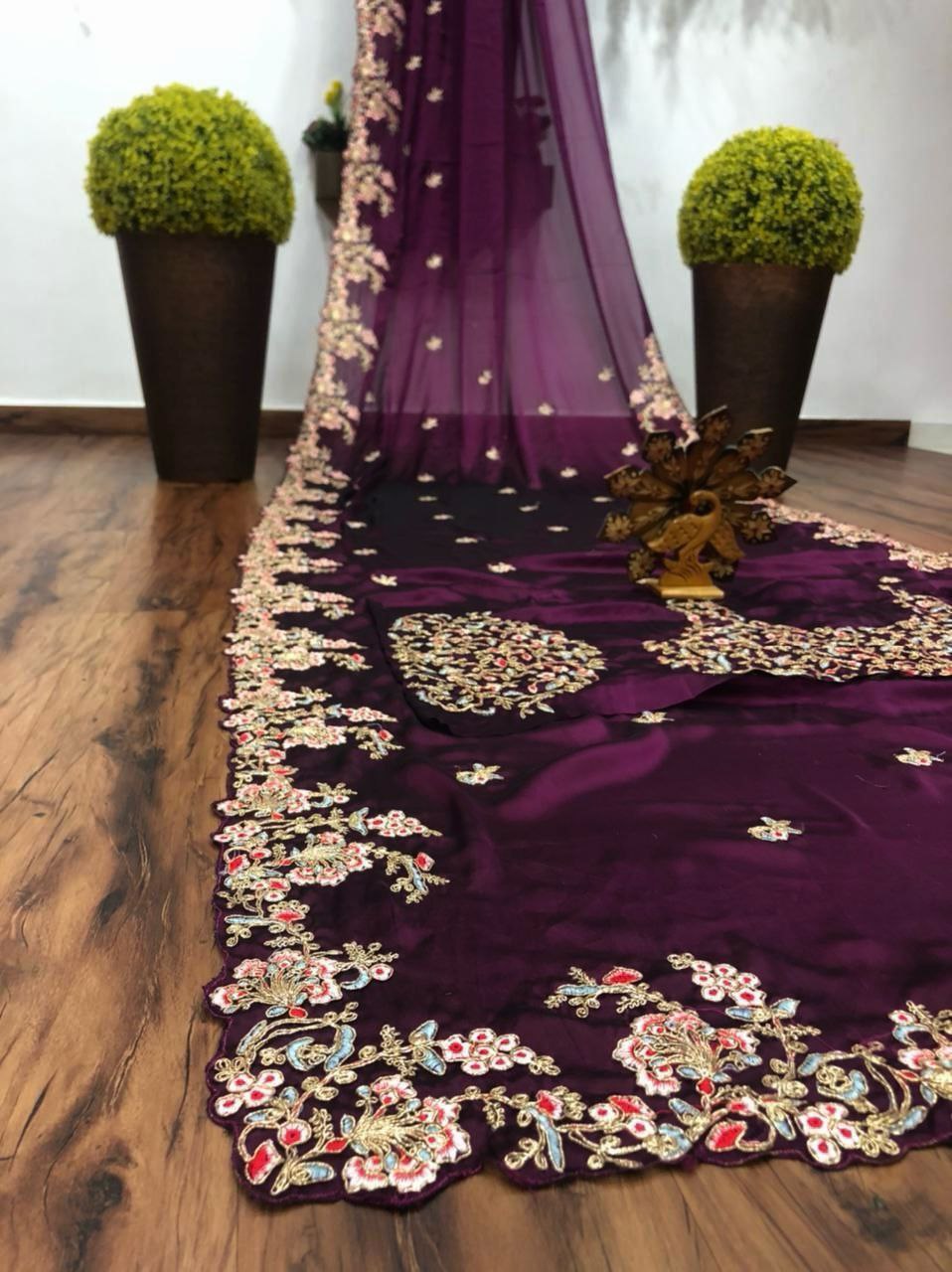 Wine Organza Saree with Embroidery codding work