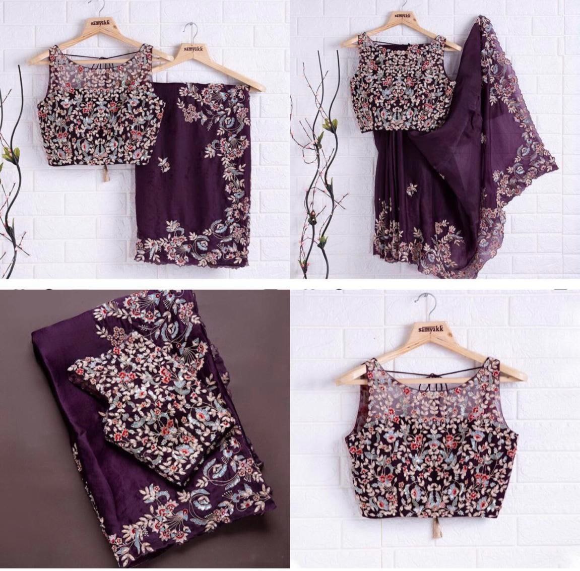 Wine Organza Saree with Embroidery codding work