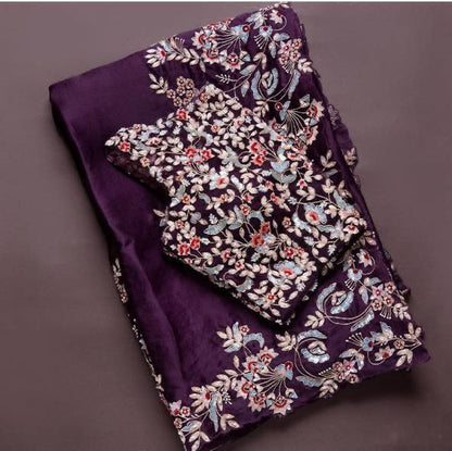Wine Organza Saree with Embroidery codding work