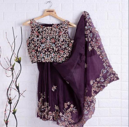 Wine Organza Saree with Embroidery codding work