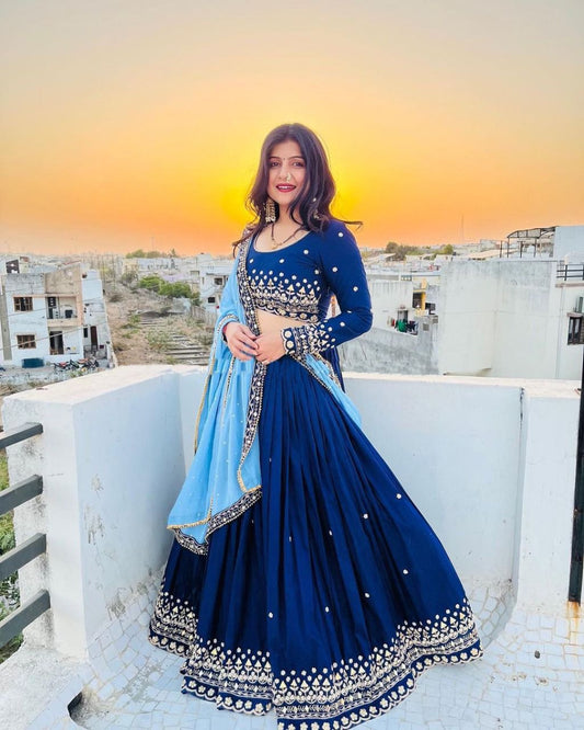 Party Wear Designer Blue Color Embroidery Lehenga