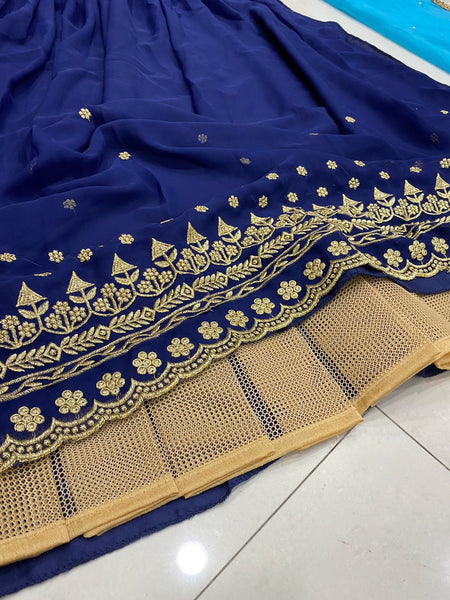 Party Wear Designer Blue Color Embroidery Lehenga