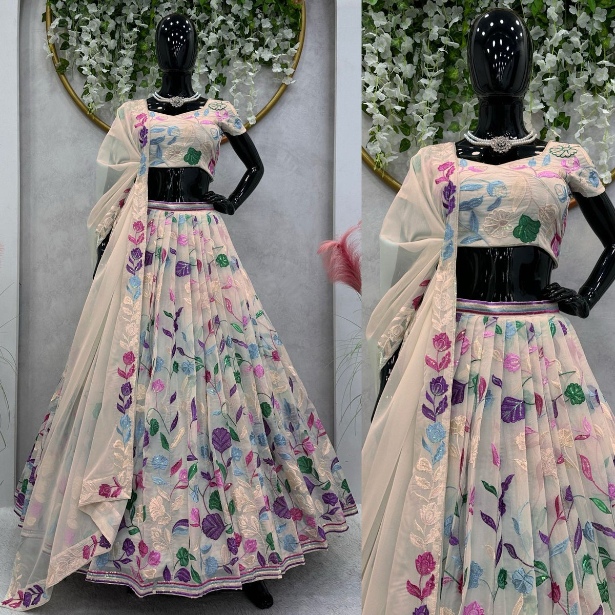 Cream Tabby Organza Lehenga for women
